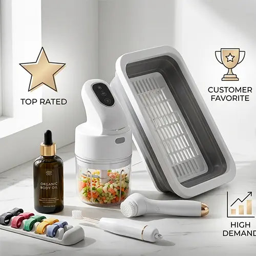 Display of top-rated best selling products at Faiqa Mall, featuring popular smart home gadgets, problem-solving tools, and customer favorite items on a clean surface.