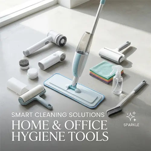 Display of modern home and office cleaning tools at Faiqa Mall, featuring a 360 spray mop, microfiber floor cleaner, reusable lint roller, and cleaning brushes on a clean surface.