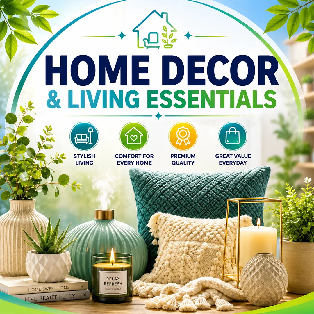 Elegant home decor items featuring modern furniture, indoor plants, and aesthetic wall decorations.
