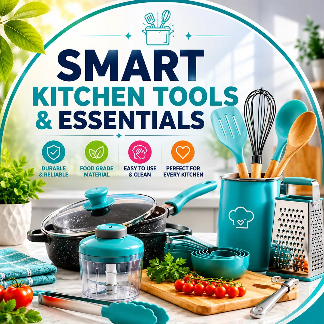 Modern smart kitchen tools and time-saving cooking gadgets displayed on a clean kitchen counter.