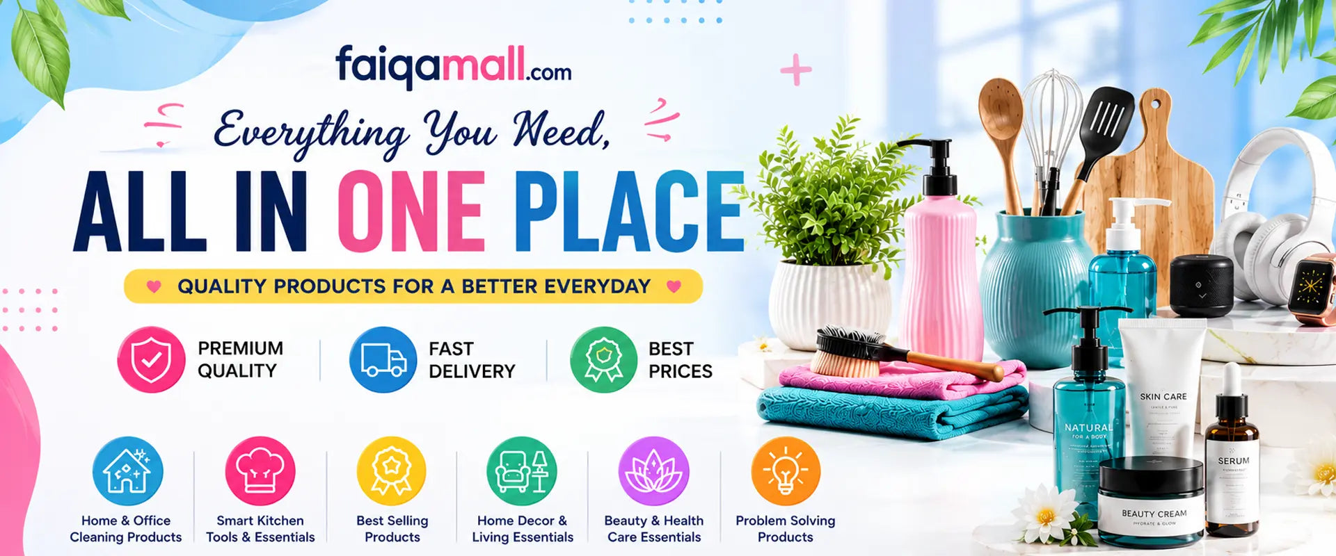 Naturally Radiant Beauty and Healthcare promotional banner featuring skincare tools, hair styling brushes, and face massagers etc