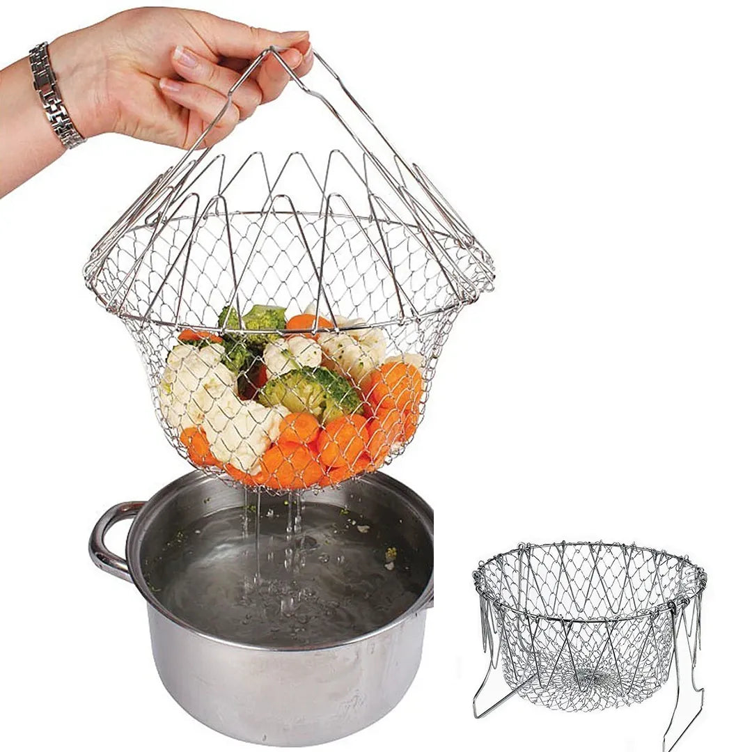 Stainless steel foldable frying basket and kitchen strainer