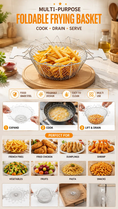 Stainless Steel Foldable Frying Basket & Kitchen Strainer
