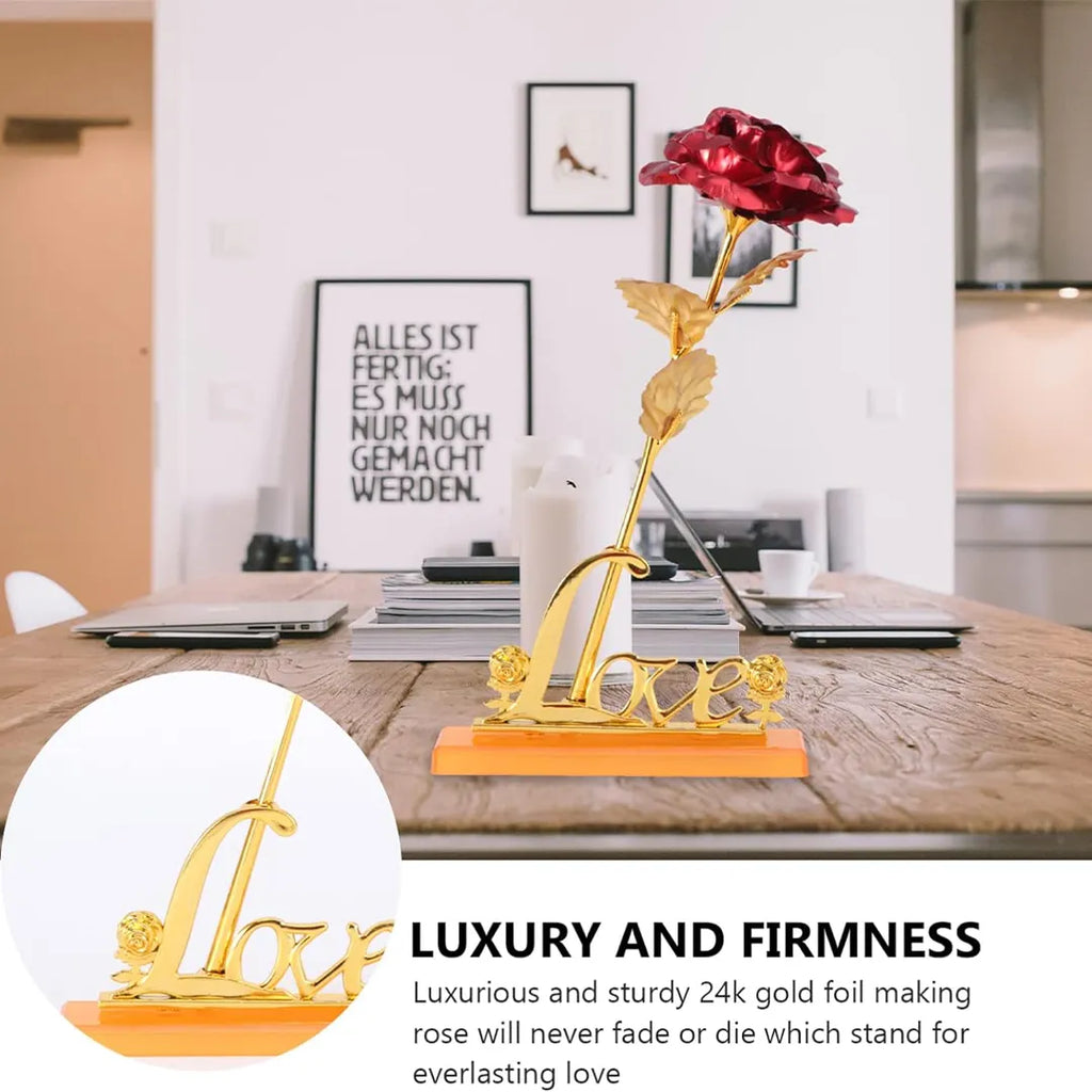 Golden artificial rose with decorative Love vase and premium gift box