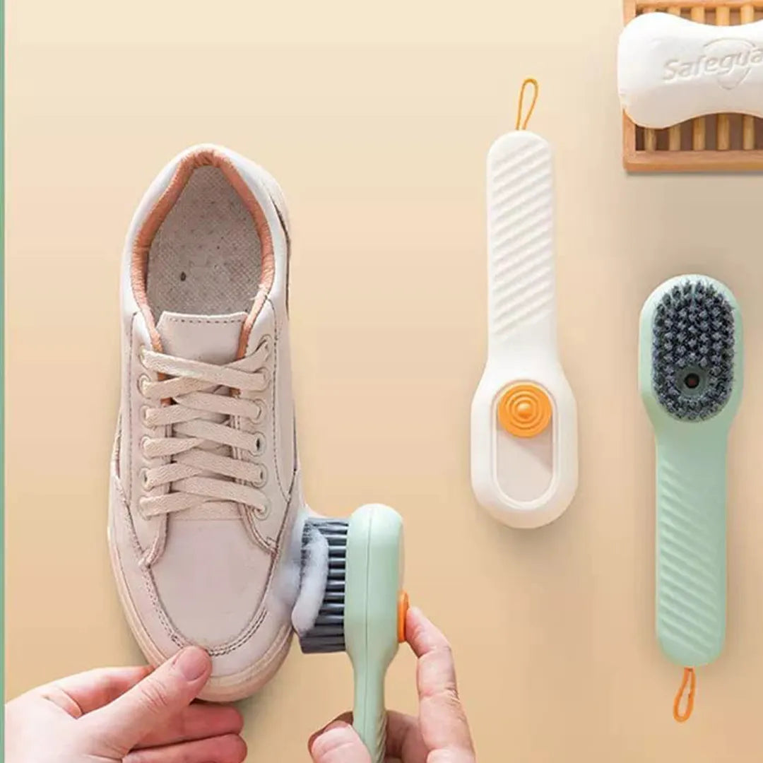 Soft bristle liquid cleaning brush with ergonomic long handle