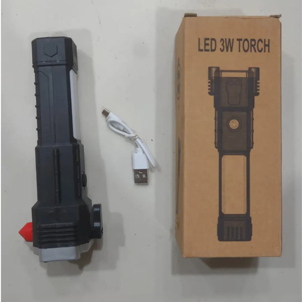 Multifunctional outdoor torch with safety hammer and side light