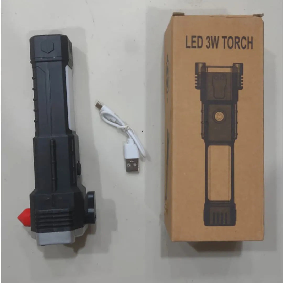 Multifunctional outdoor torch with safety hammer and side light