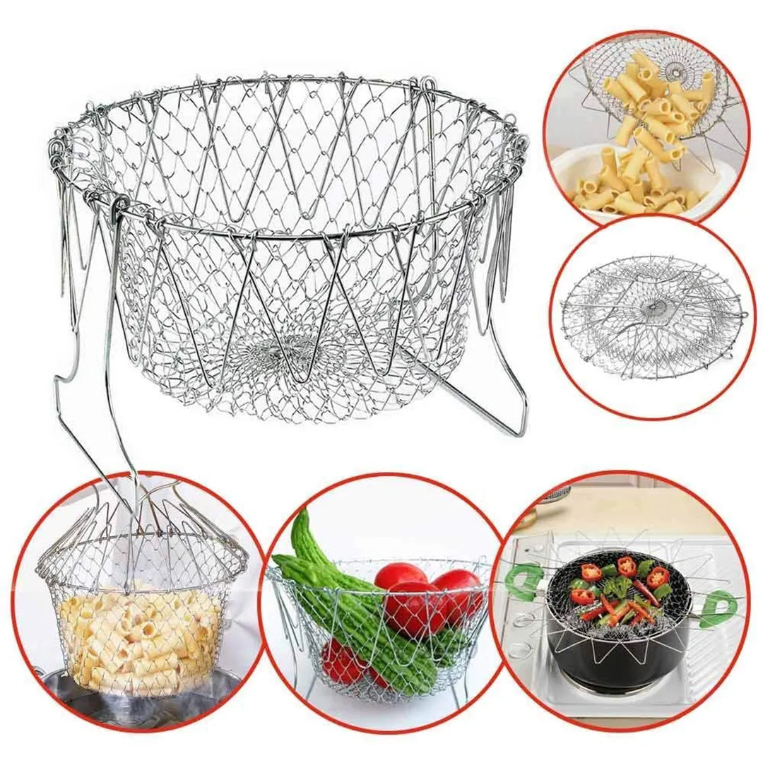 Stainless steel steaming rinse and strain basket for kitchen cooking