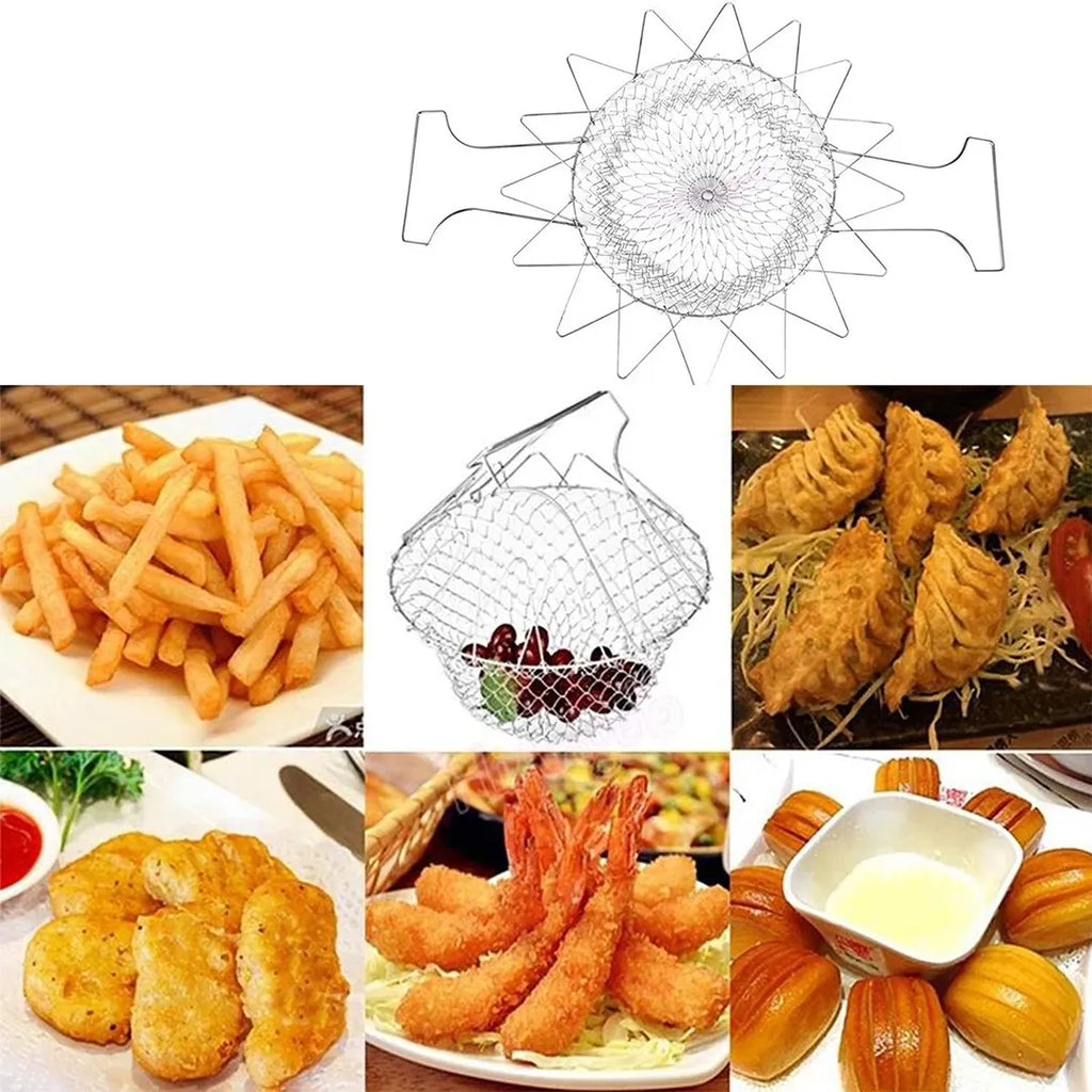 Foldable kitchen basket for frying steaming rinsing and draining food