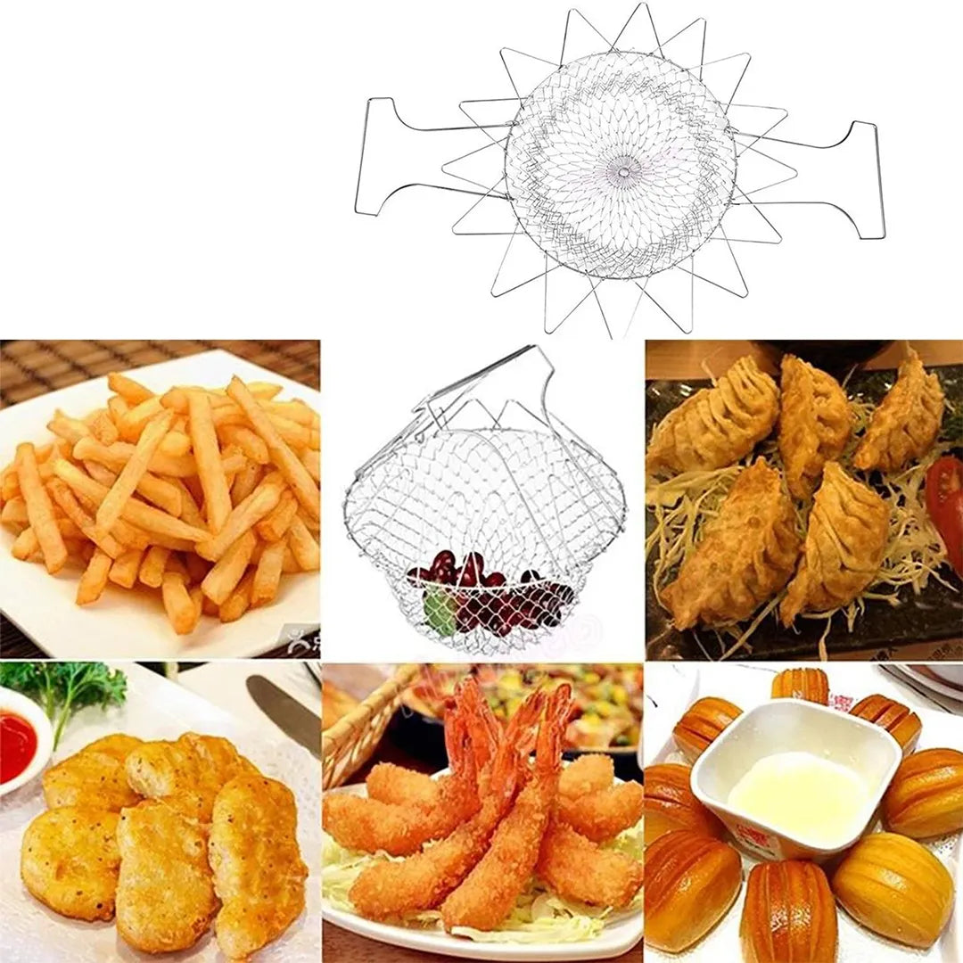 Foldable kitchen basket for frying steaming rinsing and draining food