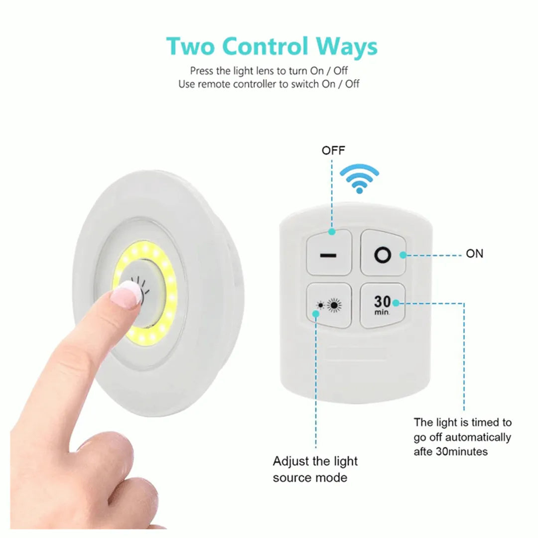 Battery operated LED tap lights with remote control and tap function